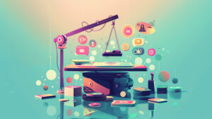 A scale hovering over a desk and surrounded by social media icons and logos.