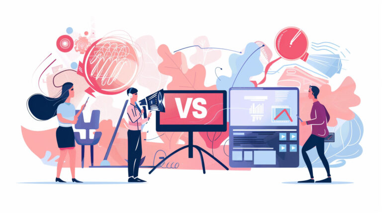 a red media buyer on the left, the text "versus" in the middle, and a blue media planner on the right