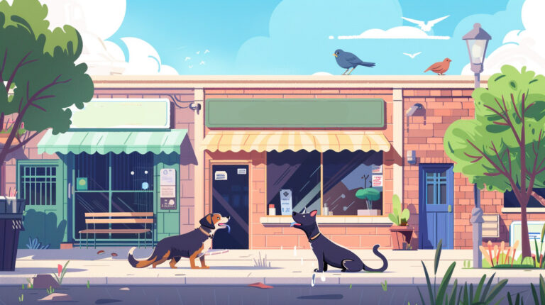 two dogs playing in front of a vet clinic.