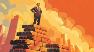 A businessman in a suit standing on top of a pile of bricks in the superman pose.