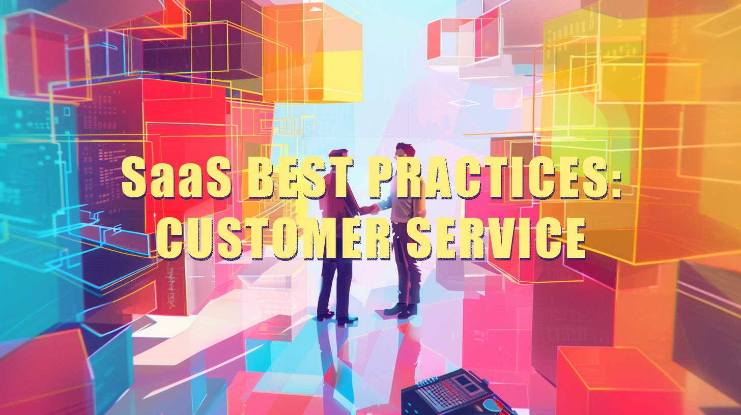 "saas best practices customer service" written above an image of two men shaking hands in an abstract digital environment