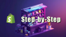 the Shopify logo with the words "Step-by-Step" on top of a digital desk graphic