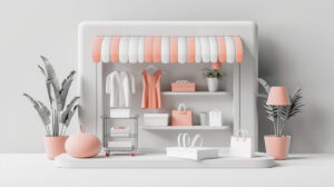 A CG mockup of a storefront with clothing, bags, and plants.