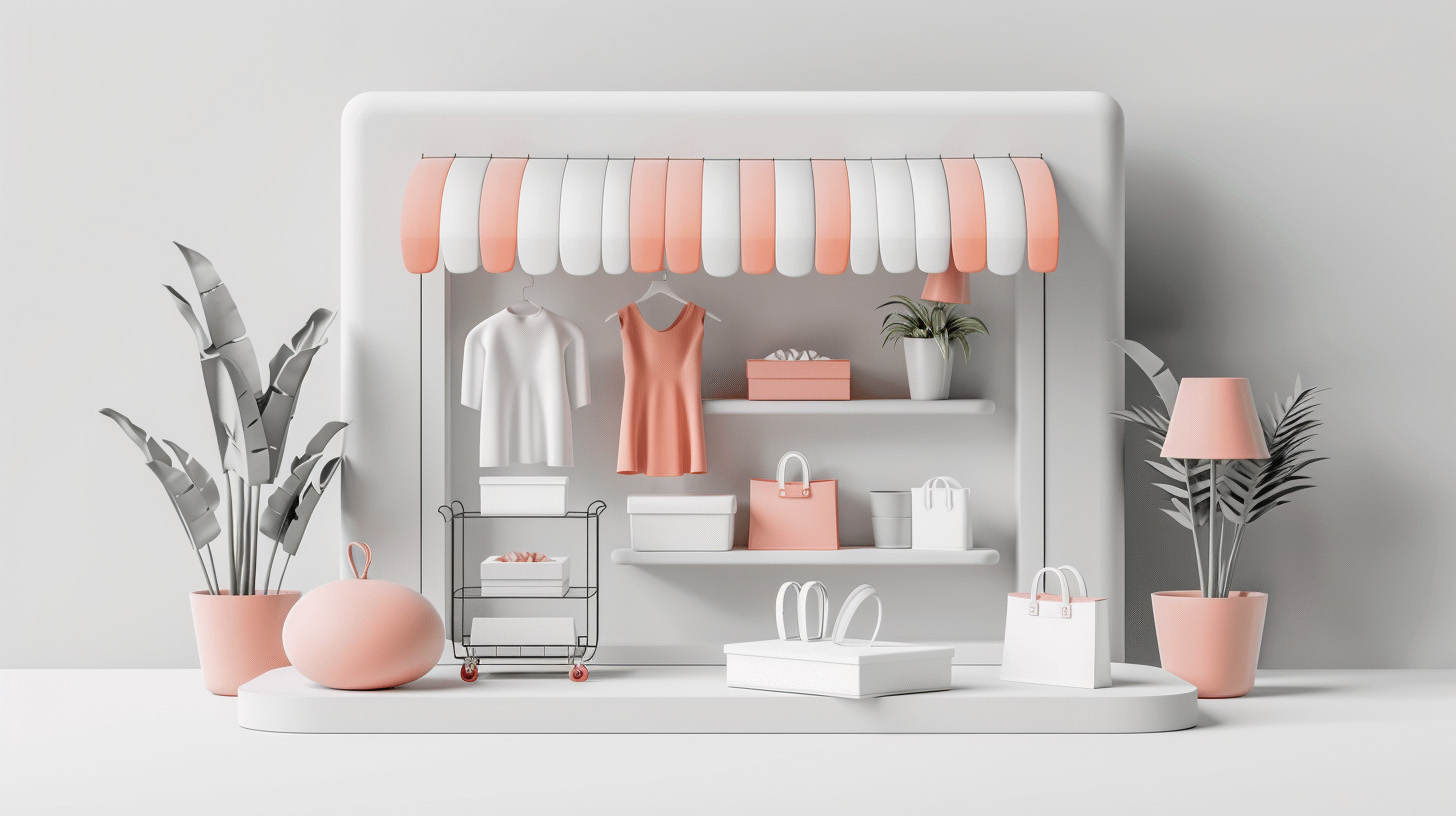 A CG mockup of a storefront with clothing, bags, and plants.