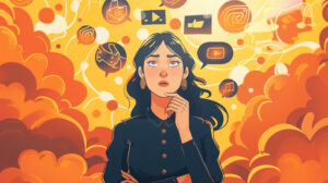 A woman lost in thought with thought bubbles of social media icons floating above her.