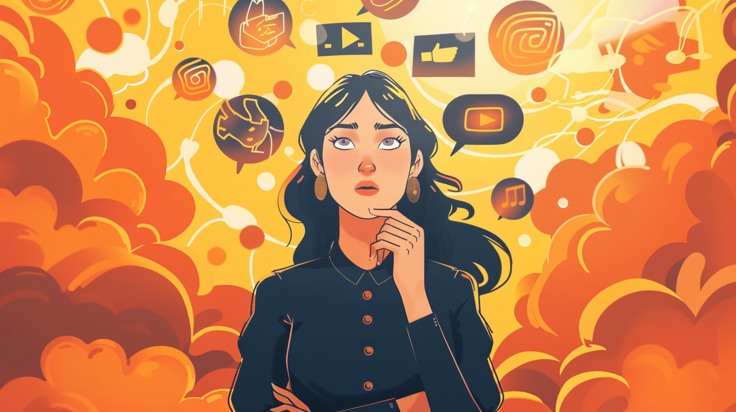 A woman lost in thought with thought bubbles of social media icons floating above her.