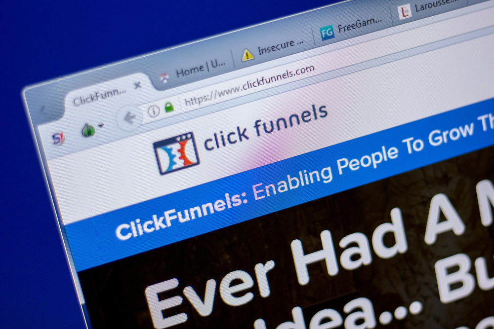 A screenshot of the homepage of ClickFunnels on the Chrome browser