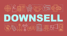 "Downsell" text surrounded by various icons including shopping carts, sales tags, and funnels.