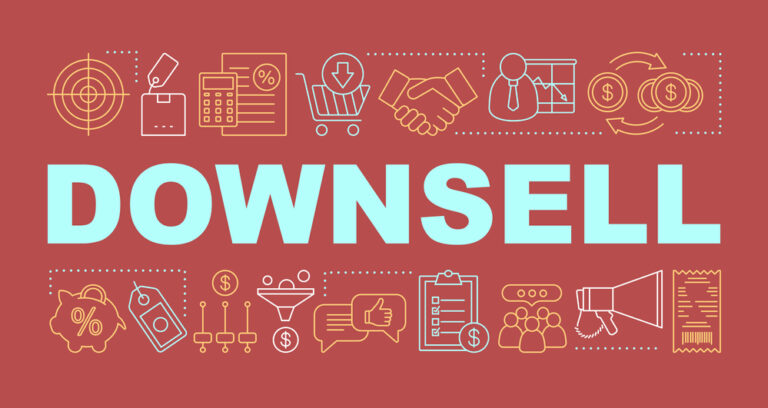 "Downsell" text surrounded by various icons including shopping carts, sales tags, and funnels.