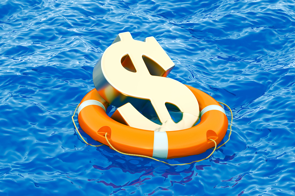 Dollar sign in a lifesaver floating on water.