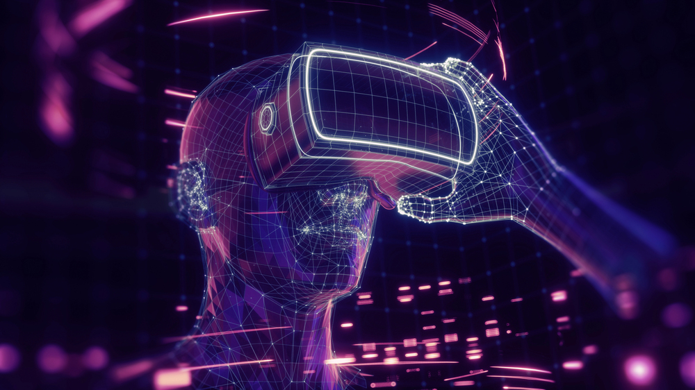 3d render of a man holding a virtual reality headset to his eyes.