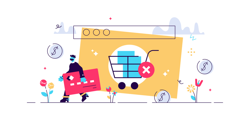 Vector illustration of a webpage showing a cart with a big "x" on it and a man walking away with a credit card