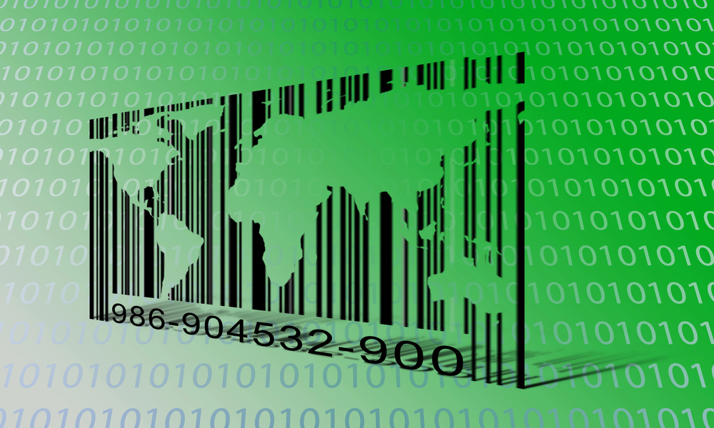 barcode on a green background with a map of the word cut out in its negative space