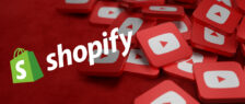 Shopify logo on a red background with randomly places tiles of the YouTube logo