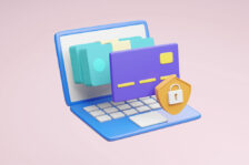 Cute graphic of a laptop computer behind a stack of cash, which is behind a credit card, which is behind a shield with a lock on it.