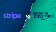 the Stripe logo on a blue background and the National Processing logo on a green background with "vs" between.