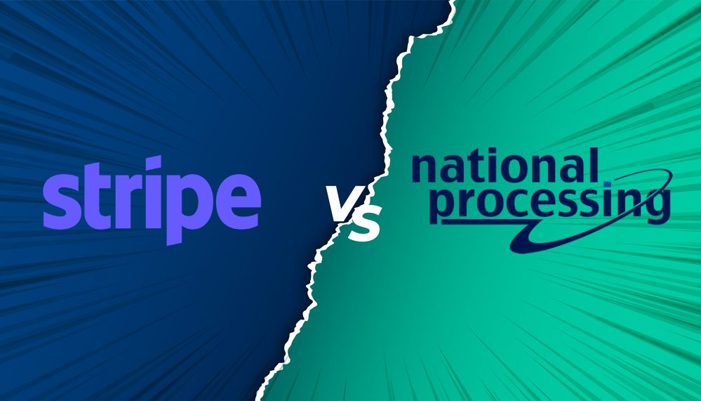 the Stripe logo on a blue background and the National Processing logo on a green background with "vs" between.