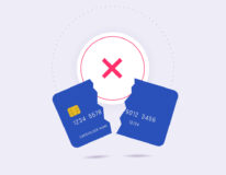 Failed payment, declined transaction, invalid purchase. Broken credit card with cross cancel sign flat design.