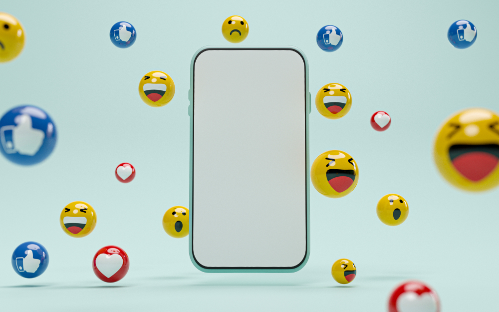 Blank screen of smartphone with like love and emotion icon for social media marketing concept by 3d render.