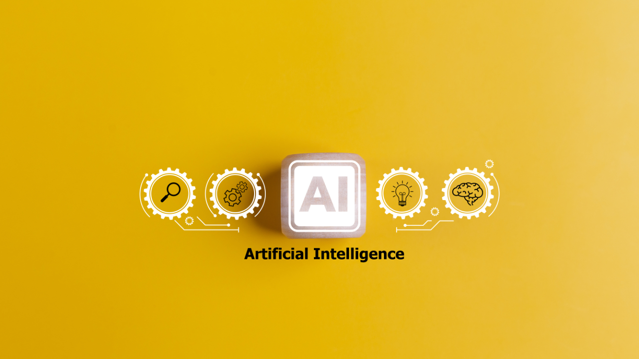 Artificial intelligence AI and machine learning on a yellow background. Technology concept.