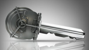 Metal key with a complex vault mechanic at the head.