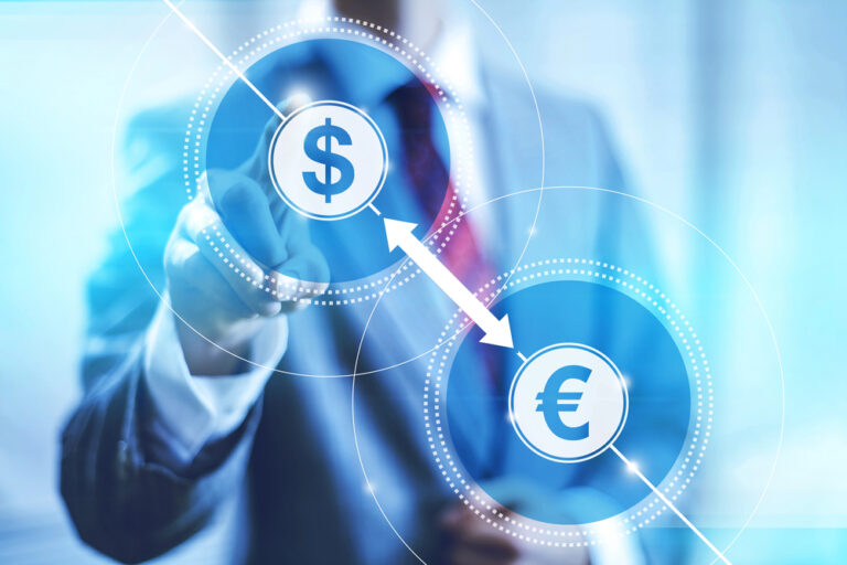 A businessman in a suit points his finger at a dollar sign ($), which has a double arrow between itself and a euro (€) symbol, currency conversion, global commerce