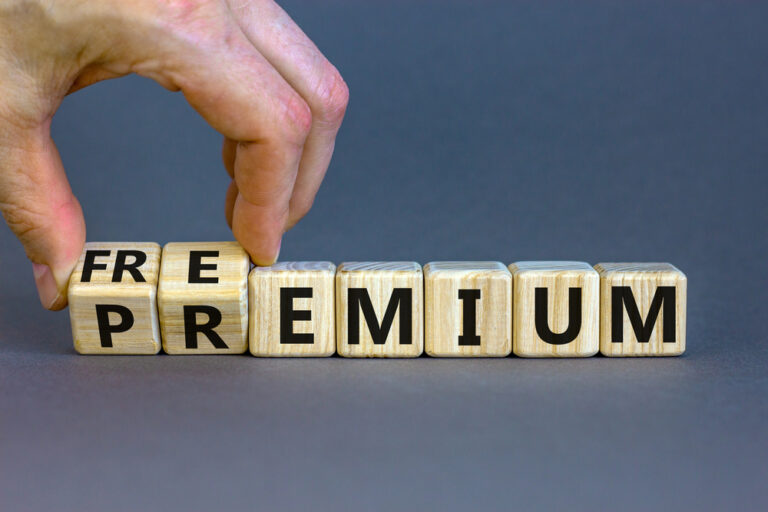 Premium or freemium symbol. Businessman turns wooden cubes and changes the word 'premium' to 'freemium'. Beautiful grey background. Business, premium or freemium concept. Copy space.