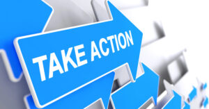 Take Action - Text on Blue Pointer. 3D.