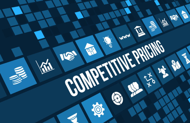 Competitive pricing concept image with business icons and copyspace