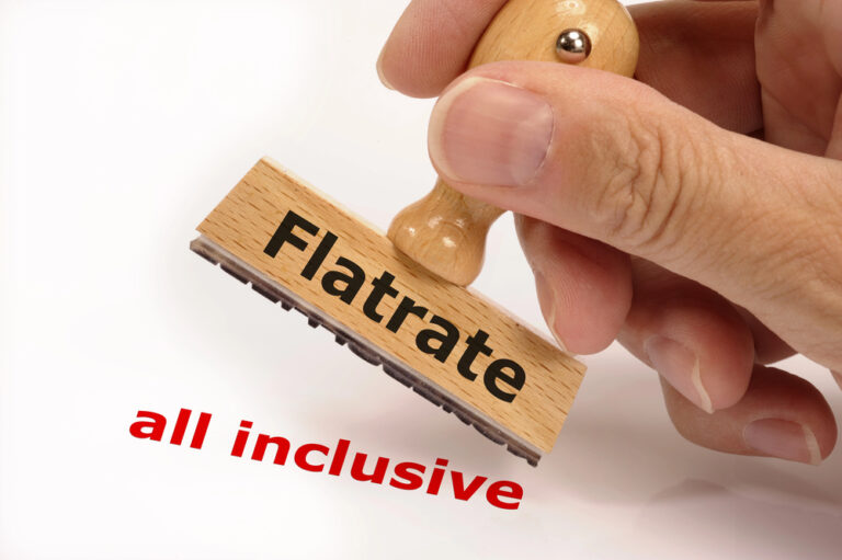 "flatrate" written on a stamp above red text "all inclusive" on a white background