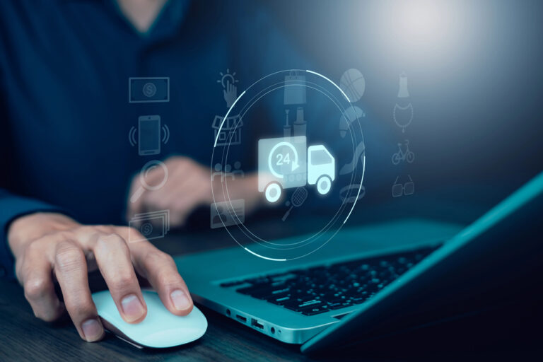 person using a mouse on a laptop with an overlay of a delivery truck and timeline