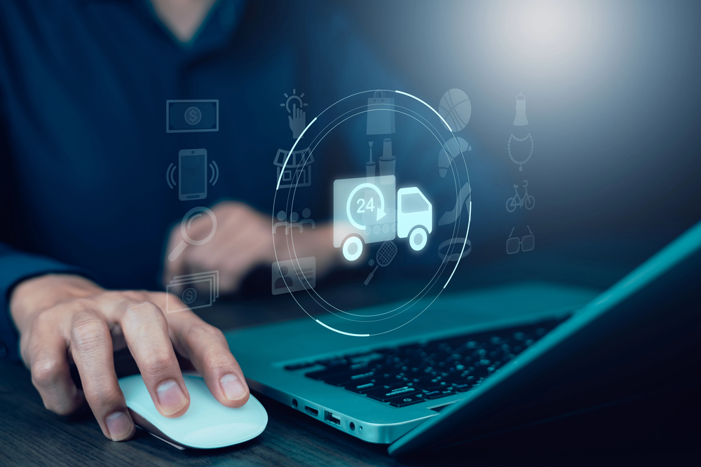 person using a mouse on a laptop with an overlay of a delivery truck and timeline